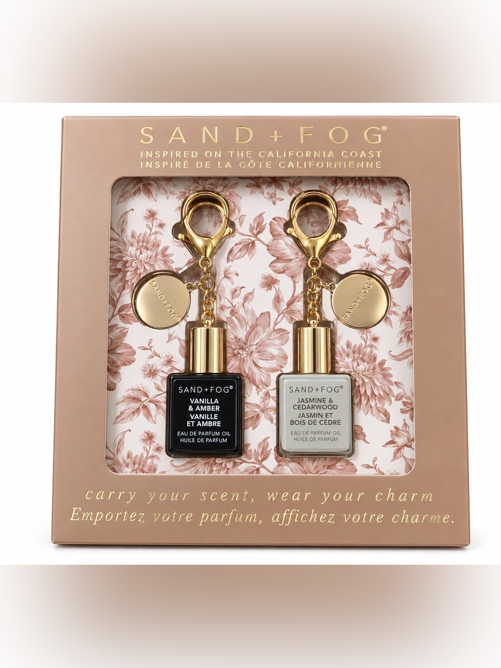 Sand + Fog Scented Keychain Duo — Black & Cream Perfume Oil Charms